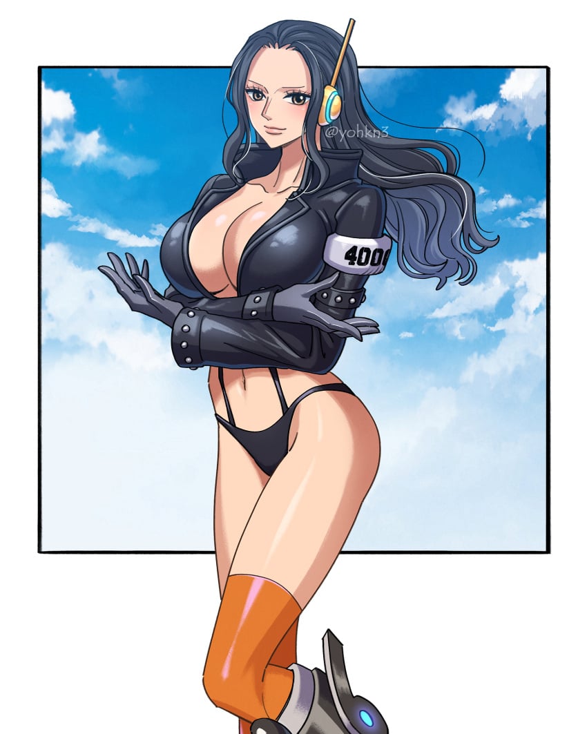 1girls belly_button big_breasts bikini_bottom bikini_uniform black_hair blue_sky boots breasts cleavage clouds crossed_arms egghead female female_only fit_female futuristic headgear large_breasts legs long_hair mature_female midriff nico_robin nico_robin_(egghead) no_pants one_piece post-timeskip post_timeskip skimpy sky slim_waist solo solo_female thighhighs wide_hips yohkn3