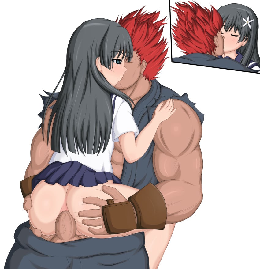 1boy 1girls absurdres age_difference akuma anal anus ass ass_grab black_hair blue_sailor_collar blue_skirt blush capcom crossover dougi fingerless_gloves flower gloves green_eyes hair_flower hair_ornament hand_on_another's_shoulder highres kissing leandroff5 long_hair muscular muscular_male no_panties pleated_skirt red_hair sailor_collar sakugawa_school_uniform saten_ruiko school_uniform self_upload sex shirt size_difference skirt sleeveless sleeveless_shirt straight street_fighter suspended_congress to_aru_kagaku_no_railgun to_aru_majutsu_no_index torn_clothes torn_sleeves transparent_background uncensored white_shirt