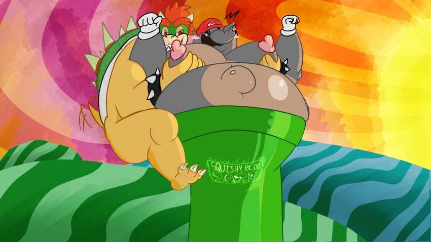 absurd_res belly big_belly big_moobs bowser clothing elephant elephant_mario elephantid gloves grope groping_from_behind hand_on_chest handwear hat headgear headwear hi_res koopa looking_at_another male mammal mario mario_(series) moobs nintendo overweight overweight_male proboscidean scalie shell spiked_shell spikes spikes_(anatomy) squishy_bloo stuck_in_pipe super_mario_bros._wonder