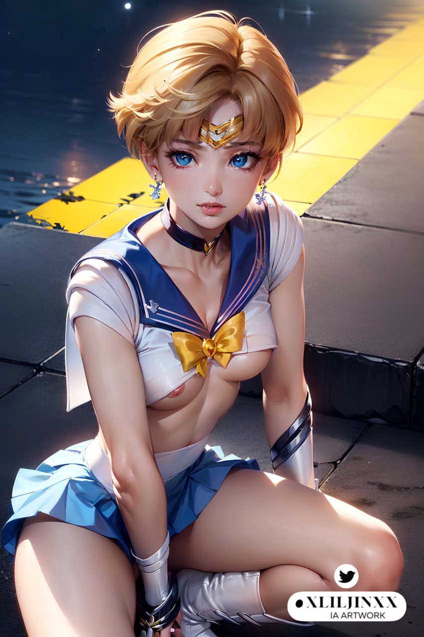 1girls 2d ai_generated areolae bent_over big_breasts bishoujo_senshi_sailor_moon blonde_hair blue_eyes blue_skirt clothing color female female_only haruka_tenou light-skinned_female light_skin mature nipple_slip nipples pleated_skirt realistic sailor_senshi sailor_senshi_uniform sailor_uniform sailor_uranus short_hair showing_breasts skirt small_breasts solo tomboy twitter twitter_username watermark xliljinxx