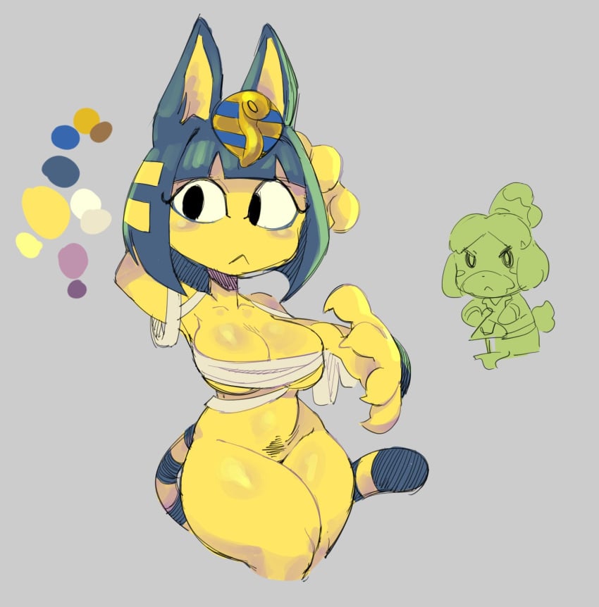 1girls 2021 animal_crossing ankha anthro armpits bottomless breasts caliginous cat_ears cat_tail pubic_hair thighs yellow_body yellow_fur