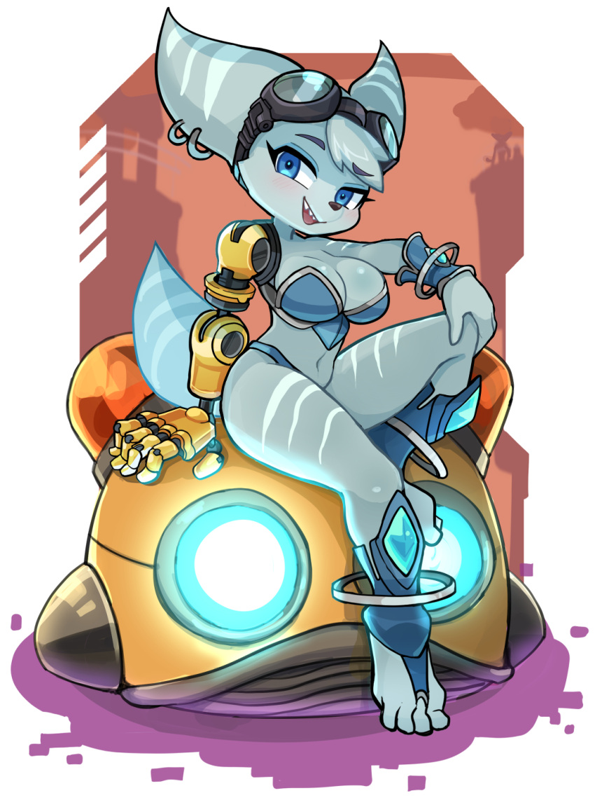 1girls 2023 anthro blue_eyes blush breasts cleavage ear_piercing earrings fangs female female_focus female_only grey_fur grey_hair jimafy navel ratchet_and_clank rivet_(ratchet_and_clank) robotic_arm solo solo_female sony_corporation sony_interactive_entertainment thighs