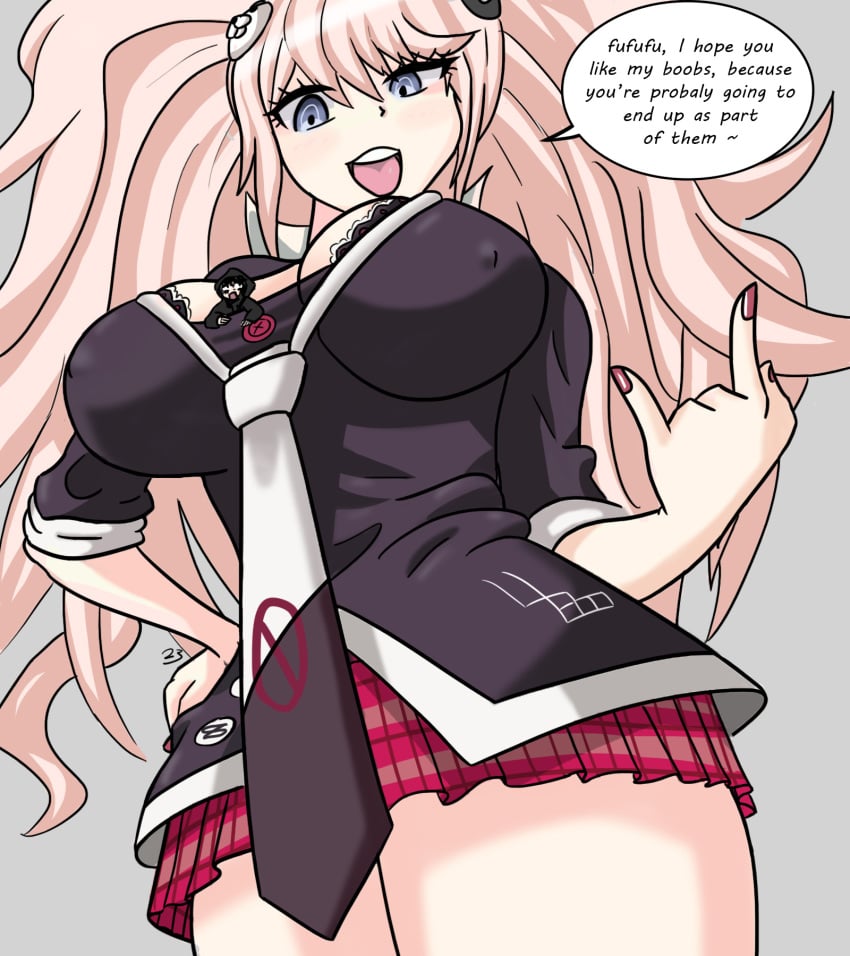 1boy 1girls big_breasts bra breasts commission danganronpa danganronpa:_trigger_happy_havoc danganronpa_2:_goodbye_despair female giantess giantess_pred giantess_vore implied_digestion implied_vore junko_enoshima large_breasts macro_female micro_male mocking pre_vore rb23 skirt smooth_skin talking_to_another twintails twintails_(hairstyle) video_game_character video_games