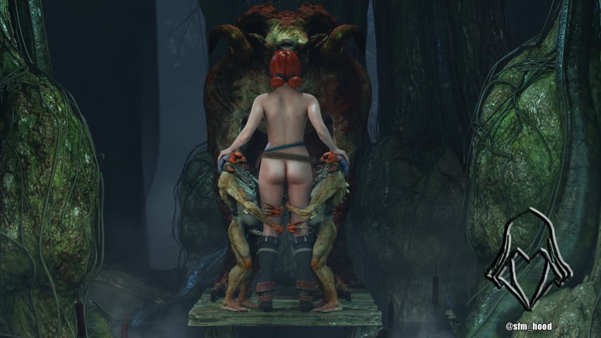 1girls 3boys 3d boots chort double_bun female monster nekker nude nude_female rear_view red_hair sfm_hood size_difference standing straight swamp the_witcher_(series) the_witcher_3:_wild_hunt triss_merigold