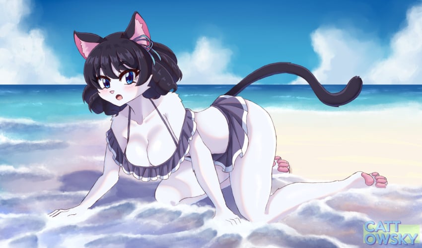 beach bikini black_hair blue_eyes cattowsky cyan_(show_by_rock!!) cyan_hijirikawa furry sanrio show_by_rock!! swimsuit