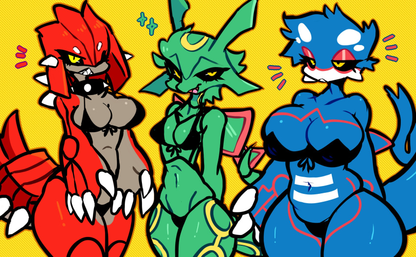 anthro big_breasts bikini bikini_bottom bikini_top breasts breasts_size_difference female groudon hoshmytots kyogre legendary_pokémon legendary_pokemon multicolored_body pokemon pokemon_(species) pokemon_rse rayquaza swimsuit swimwear thick_thighs wide_hips