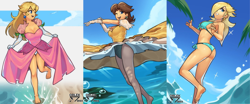 2020s 2023 3girls artist_name ass beach big_breasts bikini blonde_hair blue_bikini blue_eyes breasts brown_hair day earrings female female_only flower_earrings hair_over_one_eye long_hair mario_(series) nintendo one_eye_closed open_mouth open_smile orlek outside princess_daisy princess_peach princess_rosalina short_hair sideboob sky smile star_earrings wholesome wink