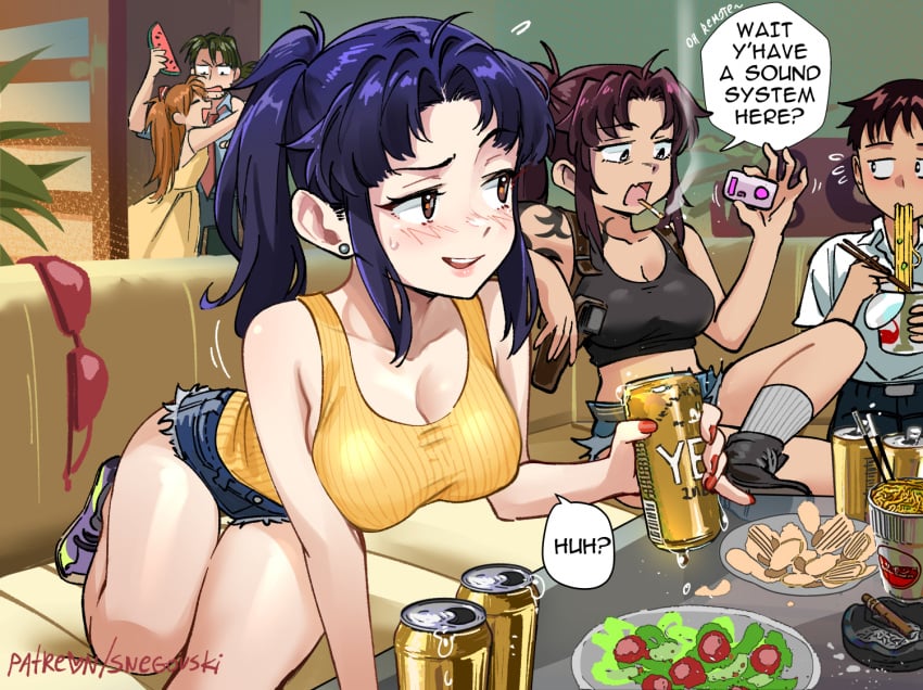 2boys 2d 2d_(artwork) 2girls 3girls accidental_circumstance asian_female asuka_langley_sohryu beer beer_can black_lagoon bra cigarette cleavage clothed clothed_female clothing couch crossed_legs crossover daisy_dukes detailed_background dialogue discarded_clothing discreet_vibrator earrings eating eating_food english_text female food holding_beer holding_food holding_object holding_ramen indoors large_breasts light-skinned_female light-skinned_male light_skin male misato_katsuragi multiple_boys multiple_girls neon_genesis_evangelion plant ponytail potted_plant ramen remote_control_vibrator revy ryoji_kaji shinji_ikari shorts similar_looking snegovski tagme tank_top tattoo text thick_thighs vibrator_in_pussy vibrator_under_clothes wall yellow_couch