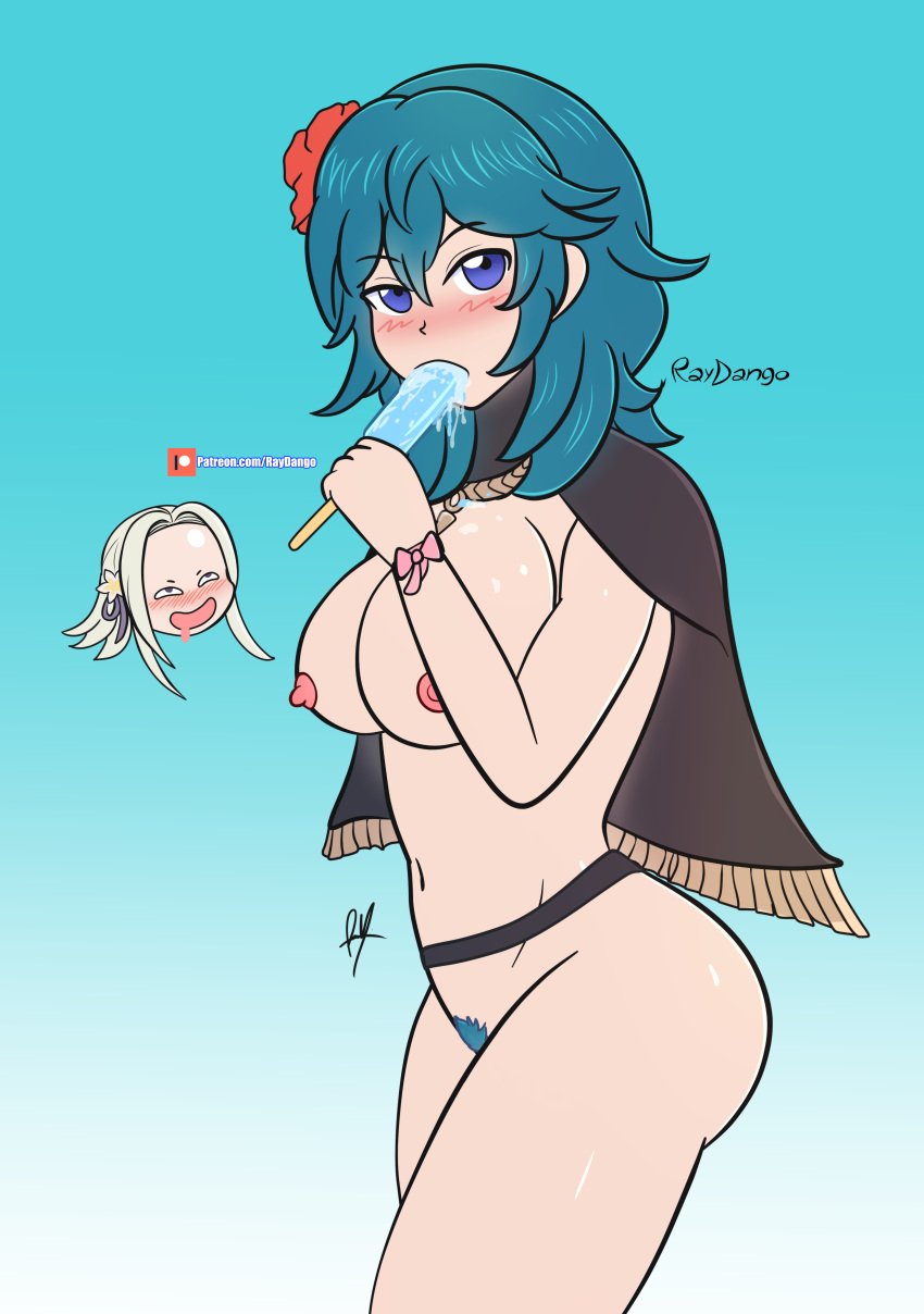 2girls alternate_costume bikini black_bikini blue_eyes blue_hair breasts byleth_(fire_emblem) byleth_(fire_emblem)_(female) byleth_(summer)_(fire_emblem)_(female) capelet drooling edelgard_von_hresvelg edelgard_von_hresvelg_(summer) female female_only female_pervert female_pubic_hair fire_emblem fire_emblem:_three_houses fire_emblem_heroes food food_fetish food_play large_breasts looking_at_viewer multiple_girls naked_capelet nintendo nipples nude nude_female official_alternate_costume pervert popsicle pubic_hair raydango saliva saliva_trail solo_focus suggestive swimsuit yuri