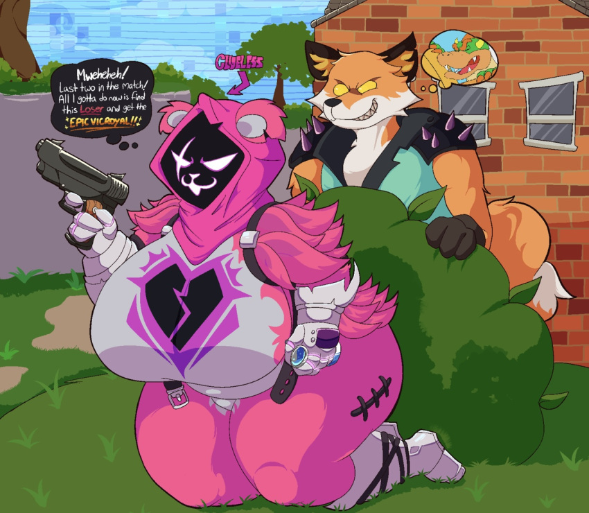 1boy 1girls 2023 anthro big_breasts breasts duo english_text female fennix_(fortnite) fortnite fur furry imminent_sex male rape raven_team_leader raven_team_leader_(cuddly) text thepinkjay5