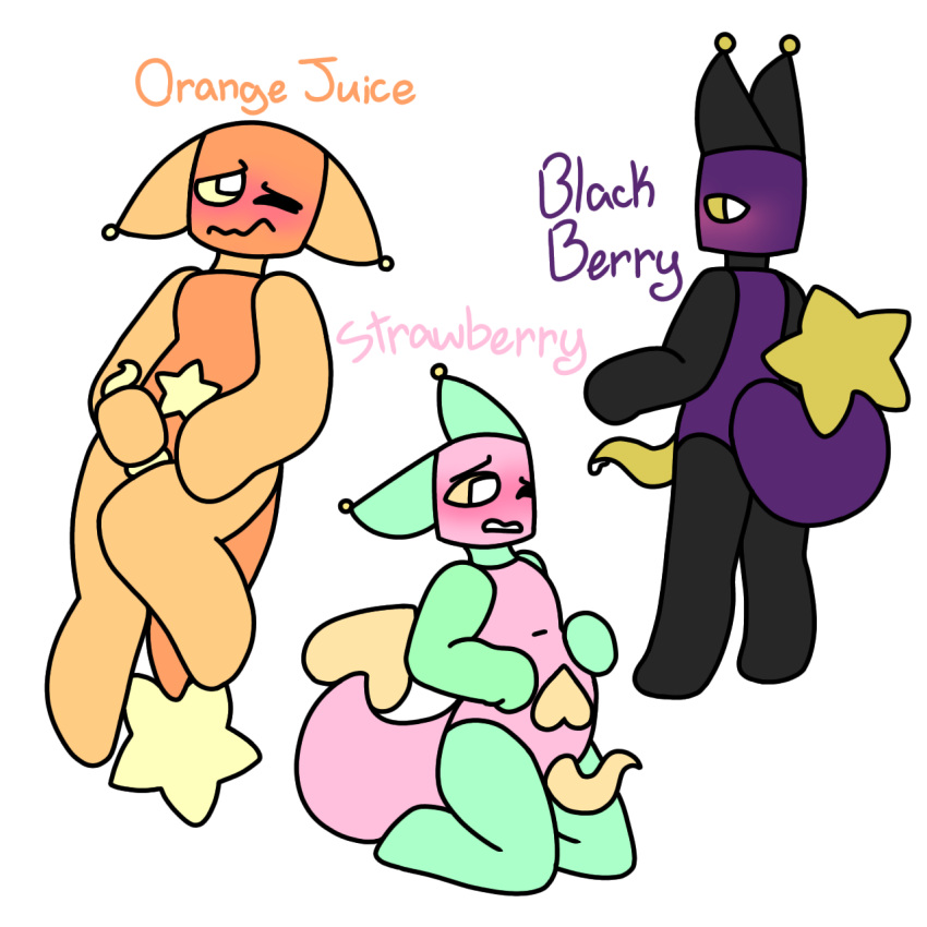 alien black_body blackberry_(dark_bun) blush bodily_fluids cum dark_bun frowney_face genital_fluids genitals green_body heart heart_tail hi_res humanoid inhuman looking_upset male male_only mimic monster monster_penis orange_body orange_juice_(dark_bun) penis penis_tentacles pink_body purple_body short_tail slightly_chubby solo_focus star star_tail strawberry_(dark_bun) tail tentacle white_eyes yellow_eyes