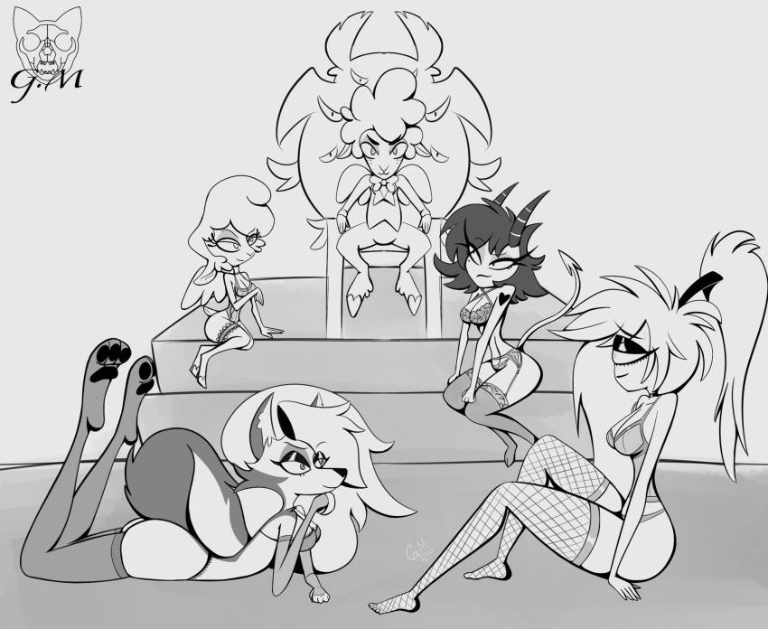 1_eye 2023 angel anthro ass big_ass big_butt black_hair bottom_heavy bovid breasts canid canid_demon caprine cherri_bomb_(hazbin_hotel) cherub clothed clothing collin_(helluva_boss) cyclops demon demon_humanoid female fluffy fluffy_tail fur gatojack3 group hair harem hazbin_hotel hellhound helluva_boss hi_res horn humanoid imp interspecies keenie_(helluva_boss) loona_(helluva_boss) male male/female mammal millie_(helluva_boss) monochrome partially_clothed sheep tail thick_thighs wide_hips wings