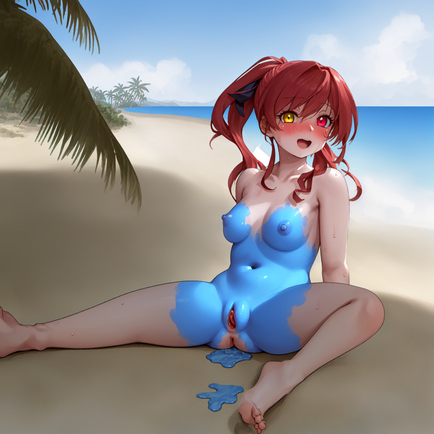 1girls ai_generated ass_visible_through_thighs beach blush body_paint highres hololive houshou_marine naked_paint nipples painted_clothes prosopagnosic_hitman pussy pussy_juice self_upload sitting solo spread_legs stable_diffusion sweat virtual_youtuber