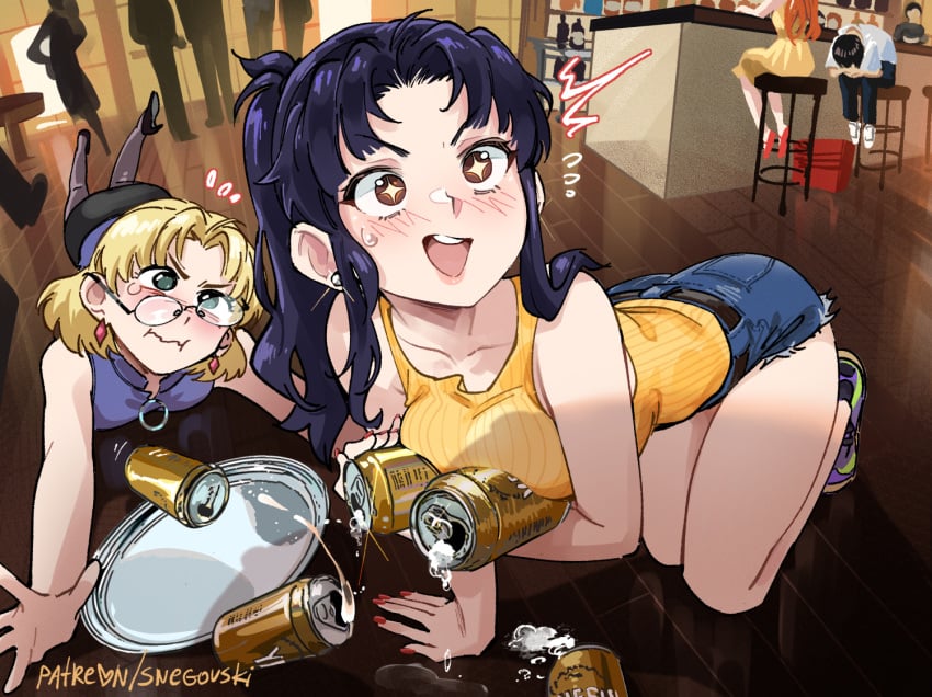 2girls asuka_langley_sohryu blonde_hair blush breasts characterful female female_focus human large_breasts light-skinned_female light_skin long_hair misato_katsuragi multiple_girls neon_genesis_evangelion open_mouth public purple_hair ritsuko_akagi shinji_ikari short_hair snegovski star_eyes