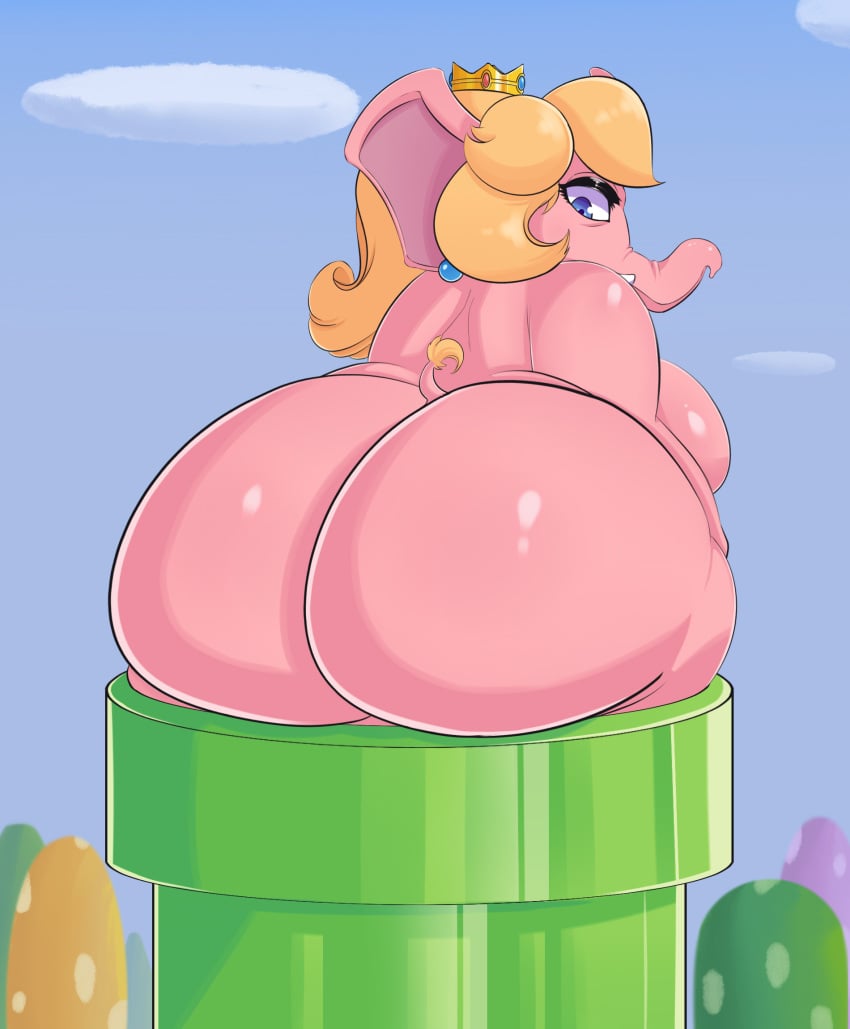 alternate_species anthro ass big_butt blonde_hair blue_eyes chubby_female cloud crown ear_piercing elephant elephant_peach elephantid fantasy000 female hair headgear hi_res looking_back mammal mario_(series) nintendo piercing pink_body pipes princess_peach proboscidean solo stuck stuck_in_pipe super_mario_bros._wonder tail thick_thighs