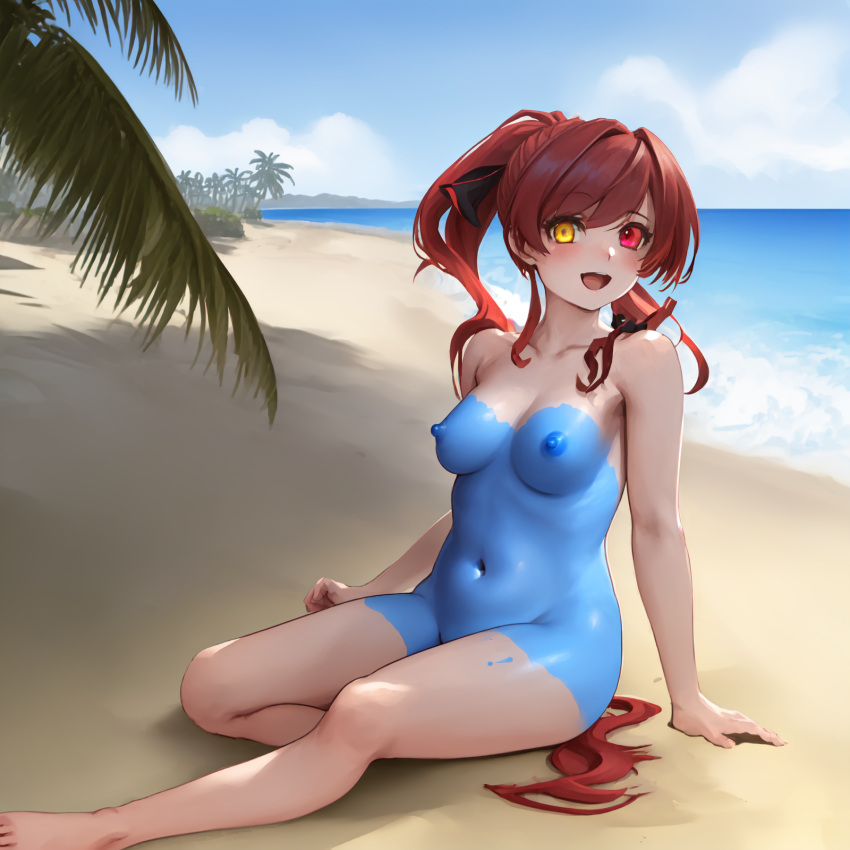 1girls ai_generated beach body_paint highres hololive houshou_marine naked_paint nipples painted_clothes prosopagnosic_hitman self_upload sitting solo stable_diffusion virtual_youtuber