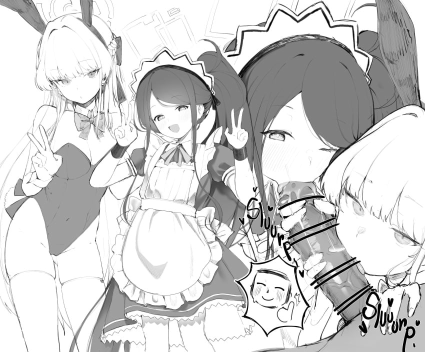 1boy 2girls :>= apron aris_(blue_archive) aris_(maid)_(blue_archive) blue_archive blush bow bowtie bunny_ears bunnysuit censored cleaning_&_clearing_(blue_archive) collaborative_fellatio cooperative_fellatio detached_collar doodle_sensei_(blue_archive) double_v fellatio female game_development_department_(blue_archive) greyscale halo handjob highres long_hair maid maid_apron maid_headdress millennium_science_school_student monochrome multiple_girls one_eye_closed oral playboy_bunny sensei_(blue_archive) side_ponytail teamwork teriibol thighhighs thumbs_up toki_(blue_archive) toki_(bunny)_(blue_archive) v very_long_hair wrist_cuffs young