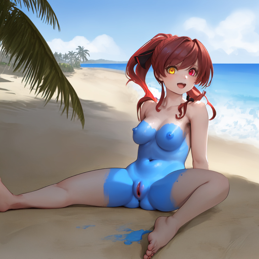 1girls ai_generated ass_visible_through_thighs beach body_paint highres hololive houshou_marine naked_paint nipples painted_clothes prosopagnosic_hitman pussy self_upload sitting solo spread_legs stable_diffusion virtual_youtuber