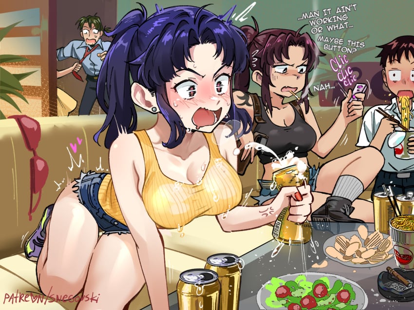 2boys 2d 2d_(artwork) 3girls accidental_circumstance asian_female asuka_langley_sohryu beer black_lagoon bra cigarette cleavage crossed_legs crossover daisy_dukes dialogue discarded_clothing discreet_vibrator earings english_text female food large_breasts male misato_katsuragi multiple_boys multiple_girls neon_genesis_evangelion ponytail ramen remote_control_vibrator revy ryoji_kaji shinji_ikari shorts similar_looking snegovski suprised suprised_look tagme tank_top tattoo text thick_thighs vibrator_in_pussy vibrator_under_clothes