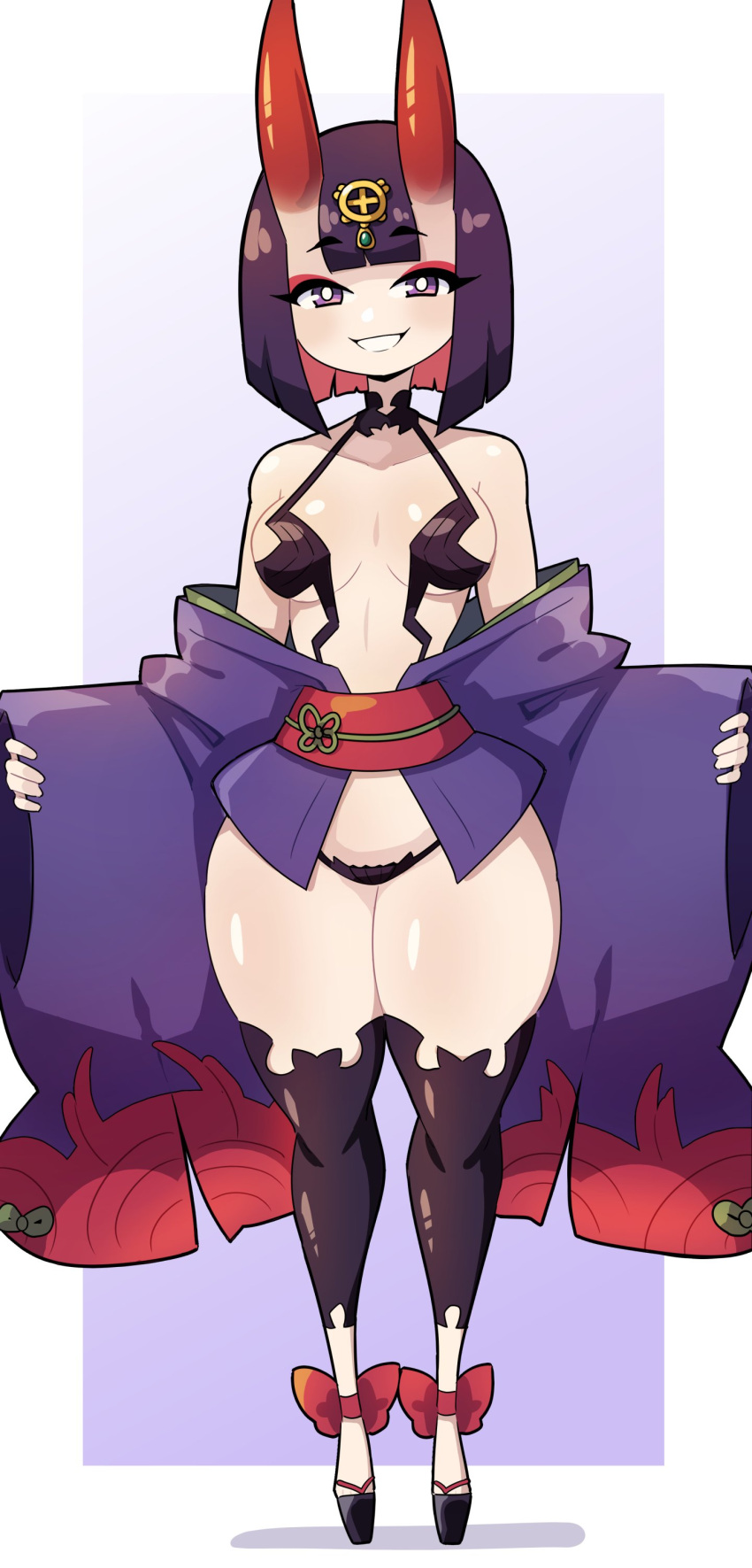 1girls bangs blunt_bangs fate/grand_order fate_(series) female female_only full_body horns j5daigada japanese_clothes looking_at_viewer oni oni_horns purple_eyes purple_hair shuten_douji_(fate) skimpy skimpy_clothes small_breasts smiling smiling_at_viewer solo teeth_showing thick_thighs very_high_resolution