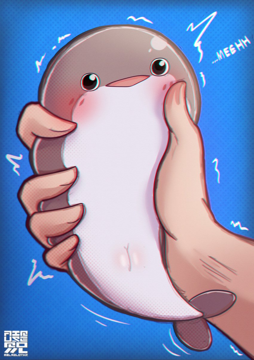 ^^^ absurdres animal animal_focus anthro blue_background blush commentary english_commentary english_text fish gilxelothz43 highres holding holding_animal holding_fish open_mouth original sacabambaspis simple_background triangle_mouth