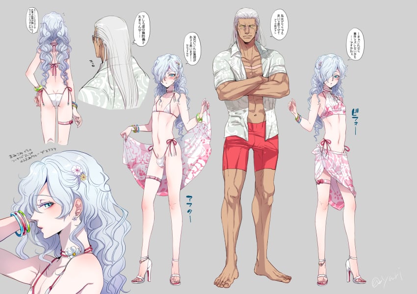 2boys ass back barefoot bikini blush bracelet bulge butt_crack crossdressing curly_hair dark-skinned_male dark_skin feet femboy flower hair_flower hair_ornament hair_over_one_eye high_heels highres hyuga_ryght jewelry karl_friedrich_howzer_(phantasy_star_universe) long_hair male_swimwear micro_bikini multiple_boys muscular muscular_male navel non-web_source otoko_no_ko penis penis_peek phantasy_star phantasy_star_universe revealing_clothes scar side-tie_bikini_bottom simple_background swim_trunks swimsuit testicles thigh_strap translation_request twintails white_hair yuriko2755