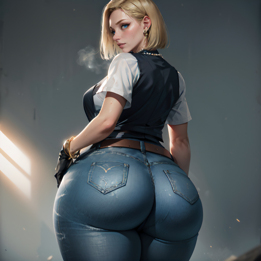 ai_generated android_18 big_ass big_breasts blonde_hair blue_eyes cleavage dragon_ball huge_breasts jeans stable_diffusion vilacrym