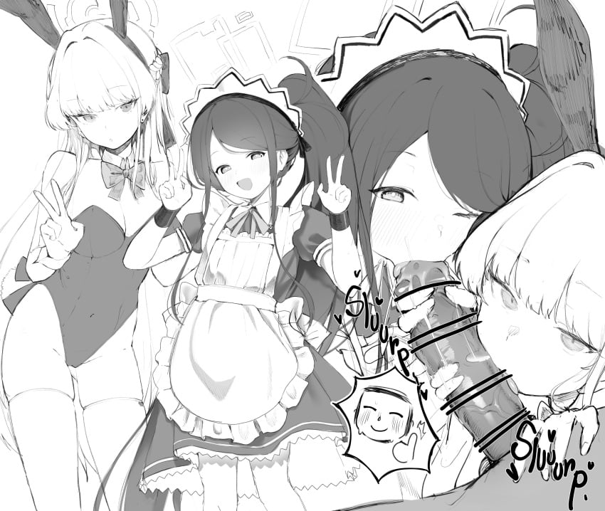 1boy 2girls :>= absurdres apron aris_(blue_archive) aris_(maid)_(blue_archive) blue_archive blush bow bowtie bunny_ears bunnysuit censored cleaning_&_clearing_(blue_archive) collaborative_fellatio cooperative_fellatio detached_collar doodle_sensei_(blue_archive) double_v fellatio female game_development_department_(blue_archive) greyscale halo handjob highres long_hair maid maid_apron maid_headdress millennium_science_school_student monochrome multiple_girls one_eye_closed oral playboy_bunny revision sensei_(blue_archive) side_ponytail teamwork teriibol thighhighs thumbs_up toki_(blue_archive) toki_(bunny)_(blue_archive) v very_long_hair wrist_cuffs young