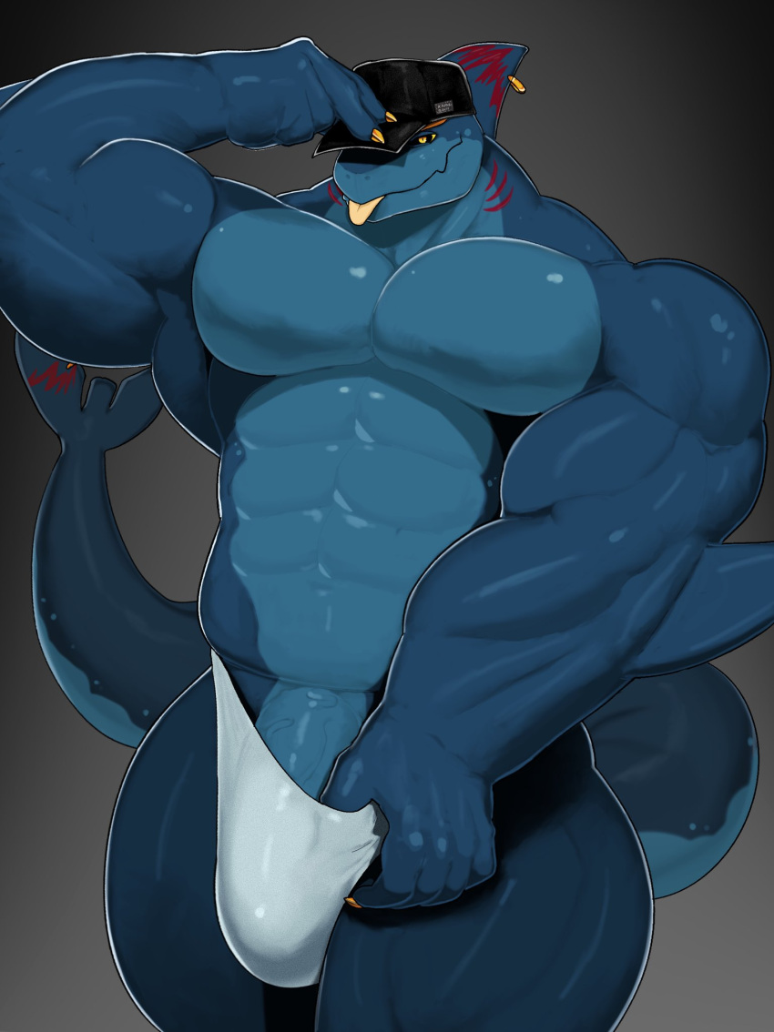 anthro big_penis blue_body clothed clothing fish genitals hat headgear headwear hi_res humanoid_genitalia humanoid_penis male marine muscular muscular_anthro muscular_male mymu666 partially_clothed pecs penis penis_peek shark solo thick_thighs tongue tongue_out underwear underwear_down xavier_(xamz) yellow_eyes