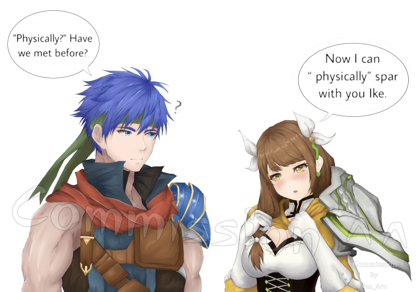 1boy 1girls 2koma ? bangs beauty_mark blue_eyes blue_hair braided_ponytail breasts brown_hair cleavage confusion female fire_emblem fire_emblem:_path_of_radiance fire_emblem:_radiant_dawn fire_emblem_engage gloves goldmary_(fire_emblem) hair_over_shoulder headband ike_(fire_emblem) instant_win large_breasts male medium_hair mole mole_on_breast nau_aru nintendo open_mouth short_hair side_ponytail suggestive yellow_eyes