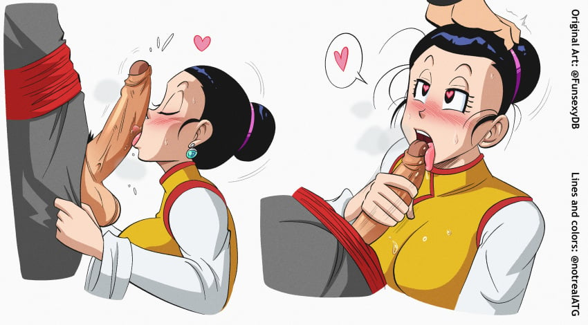 1boy 1girls 2023 black_eyes black_hair blowjob blush breath chichi color dragon_ball dragon_ball_super edit fellatio female funsexydragonball goku_black hair_bun heart heart-shaped_pupils large_penis licking licking_penis light-skinned_female light-skinned_male light_skin male milf notrealatg open_mouth saliva shounen_jump tongue tongue_out