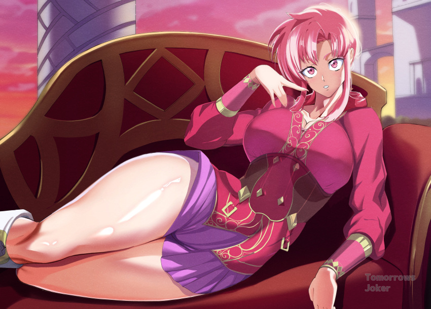 1girls bare_thighs boots bra bra_showing breasts castle cleavage couch ethlyn_(fire_emblem) female female_only fire_emblem fire_emblem:_genealogy_of_the_holy_war indoors large_breasts long_sleeves looking_at_viewer nintendo on_couch on_side pink_eyes pink_hair seductive short_hair skirt solo sunset thick_thighs thighs tomorrowsjoker wide_hips