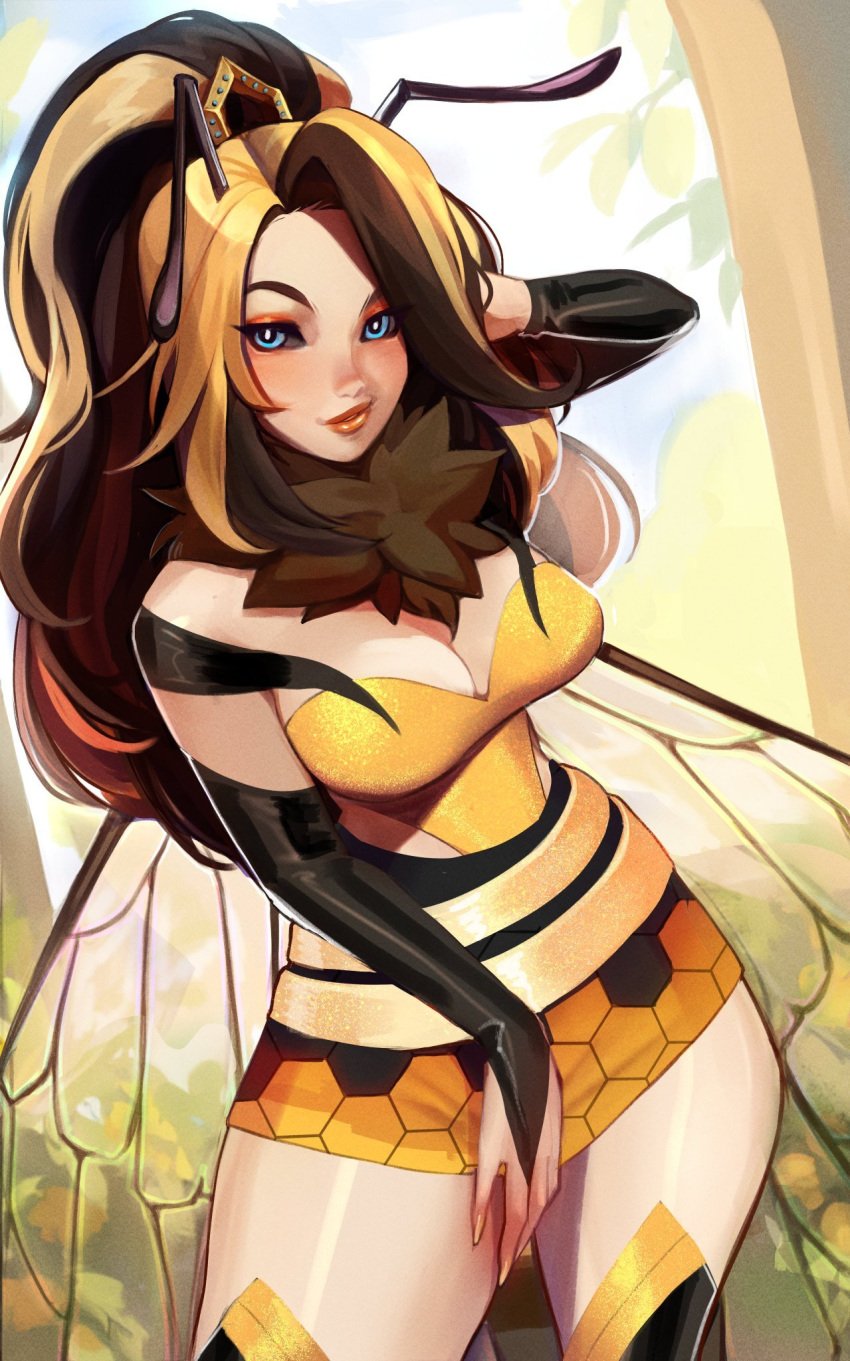 1girls antennae_(anatomy) arms bee_girl bee_wings big_breasts black_hair black_sclera blue_eyes blush breasts chest cleavage clothed clothes dress dutch_angle elbow_gloves female female_only finger fingerless_gloves gloves hair_accessory hand_on_head hand_on_own_thigh hand_on_thigh hands hi_res humanoid insect_girl insect_wings light-skinned_female lips long_hair looking_at_viewer maewix1 miniskirt multicolored_hair red_eyeshadow skirt smirk solo standing thick_thighs thighs wings yellow_fur