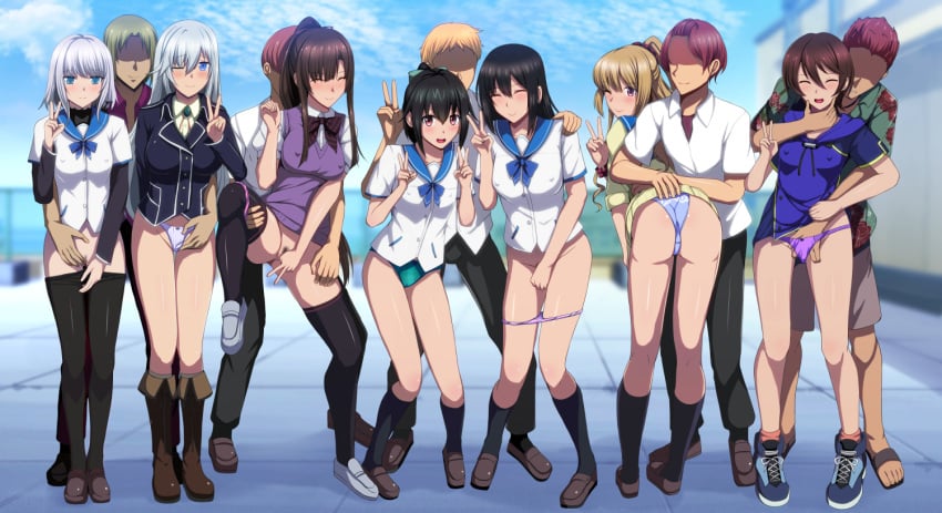 5boys 6+girls :d ;) aiba_asagi akatsuki_nagisa arm_around_waist ass black_hair black_jacket black_pantyhose black_thighhighs blazer blonde_hair blue_bow blue_bowtie blue_eyes blue_footwear blue_hoodie blue_panties blue_sailor_collar blue_sky blurry blurry_background blush boots bow bowtie brown_eyes brown_footwear brown_hair closed_eyes clothes_pull commentary_request common_sense_change covered_nipples covering covering_crotch daiaru double_v faceless faceless_male female_pubic_hair fingering fingering_under_clothes fingering_under_panties fingers_to_cheeks forced_smile full_body green_panties grey_footwear grey_hair hand_on_another's_shoulder hand_up himeragi_yukina hood hood_down hoodie jacket kanase_kanon kirasaka_sayaka knee_boots la_folia_rihavein leaning_forward leg_lift lifted_by_another loafers long_hair looking_at_viewer multiple_boys multiple_girls one_eye_closed outdoors panties panties_around_one_leg panty_pull pantyhose pantyhose_pull pink_panties ponytail pubic_hair public_indecency public_nudity purple_panties purple_sweater_vest reach-around red_eyes rooftop saikai_academy_school_uniform sailor_collar school_uniform serafuku shirt shoes short_hair sky smile sneakers straight strike_the_blood striped striped_bow striped_bowtie sweater sweater_vest thighhighs through_clothes tokoyogi_yuuma underwear v white_panties white_shirt