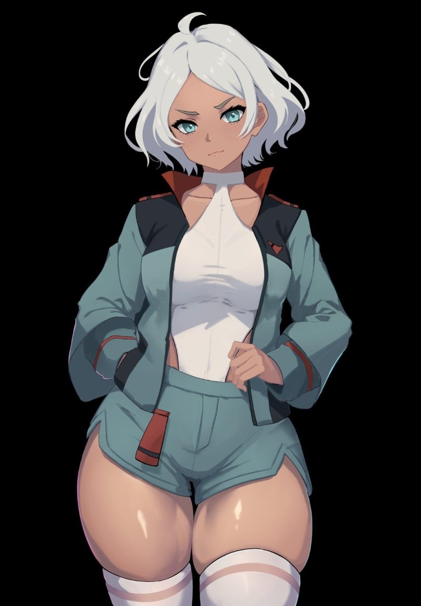 1girls blue_eyes clothed gundam gundam_suisei_no_majo jacket posing secelia_dote shots thick thick_thighs waiting white_hair white_stockings