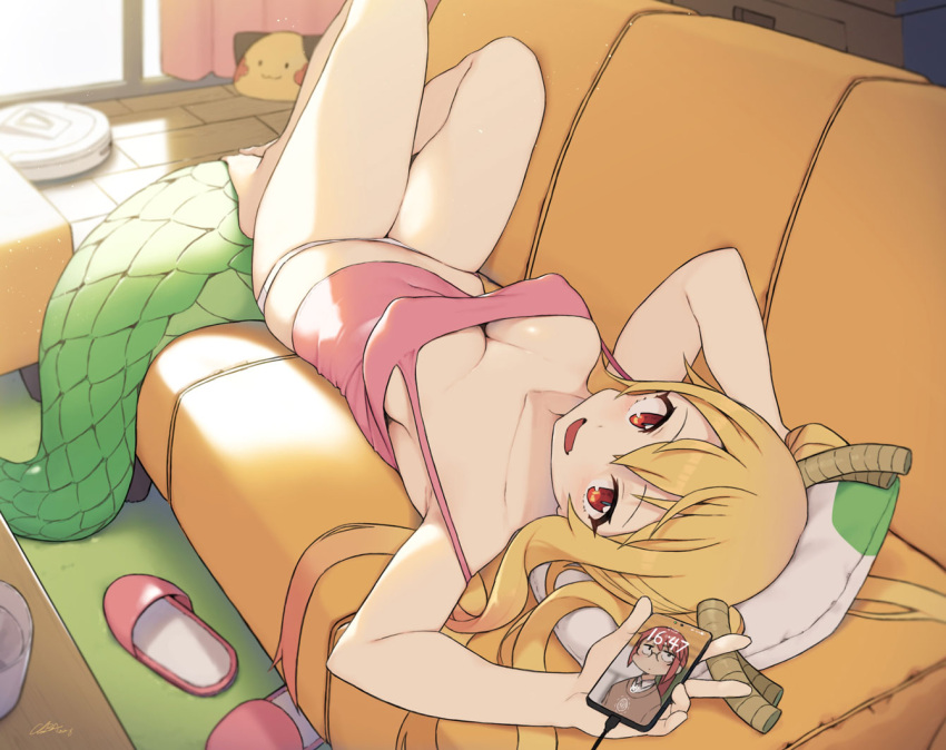 1girls big_breasts blonde_hair cellphone cloba couch dragon_girl dragon_horns dragon_tail erect_nipples female kobayashi laying_down laying_on_couch light-skinned_female long_hair looking_at_viewer miss_kobayashi's_dragon_maid nipple_bulge panties red_eyes solo tagme thighs tohru_(dragon_maid)