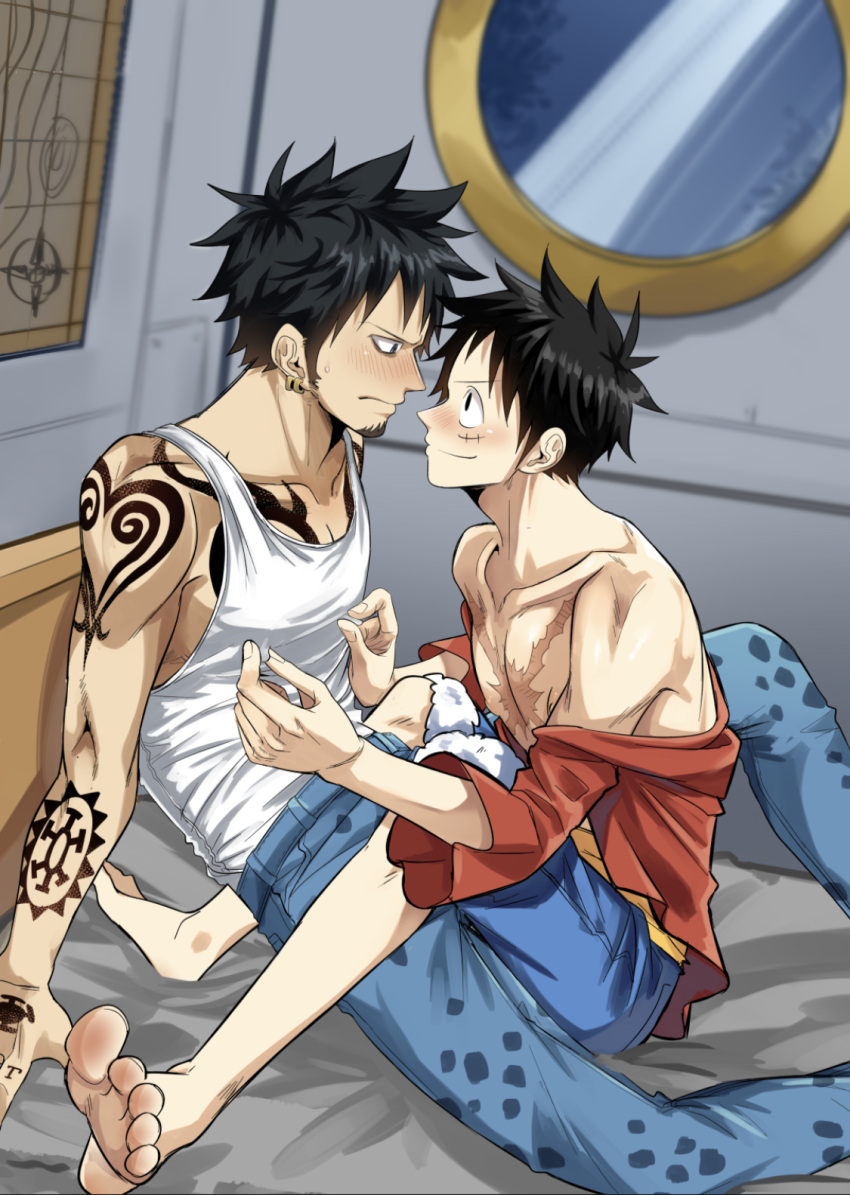 bed bedroom black_hair blush blush earrings feet gay imminent_sex jeans male male_only monkey_d_luffy nipple_tweak one_piece scar scars shin_dong shorts trafalgar_law undressing yaoi