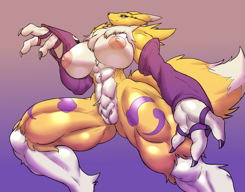 2023 3_fingers abs anthro areola armwear armwear_only bandai_namco big_breasts biped black_sclera blue_eyes breasts chorsinnell39 claws clothing digimon digimon_(species) digital_media_(artwork) dipstick_ears dipstick_tail female finger_claws fingers fur genitals hi_res huge_breasts low-angle_view markings multicolored_ears muscular muscular_anthro muscular_female muscular_legs muscular_thighs nipples pink_areola pink_nipples puffy_areola pussy renamon solo tail tail_markings white_body white_fur yellow_body yellow_fur