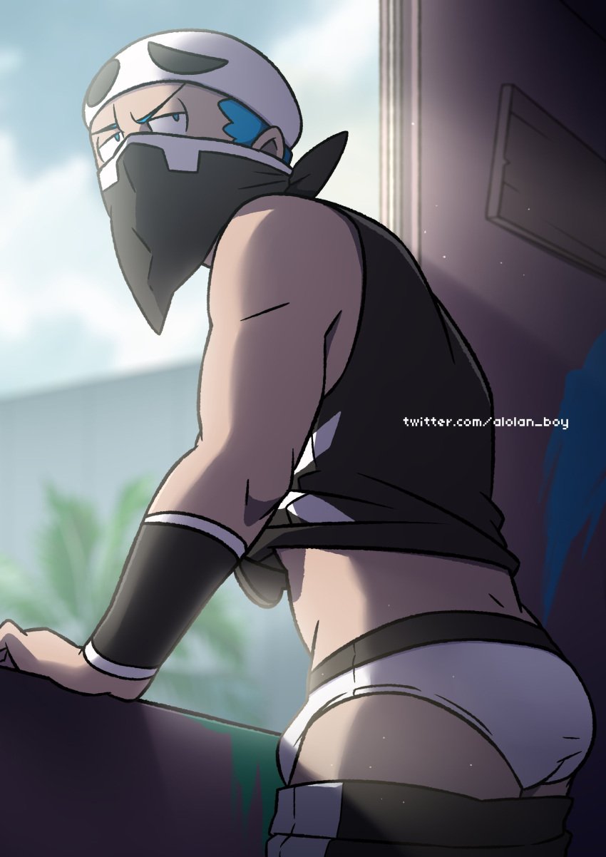 1boy alolan_boy bara briefs bulge butt male_only muscular_male pants_down pokemon smooth_skinned_male solo_male team_skull team_skull_grunt tighty_whities underwear white_underwear