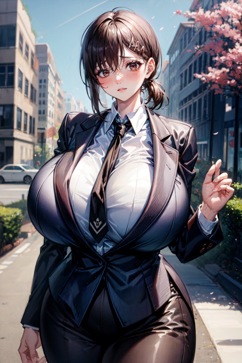 1girls ai_generated alternate_breast_size anime blazer blush buisness_suit chainsaw_man cherry_blossoms curvy dress_shirt embarrassed gigantic_breasts higashiyama_kobeni hourglass_figure huge_breasts looking_at_viewer mappa narrow_waist necktie stable_diffusion surprised thick_thighs tight_clothing wide_hips xenomon