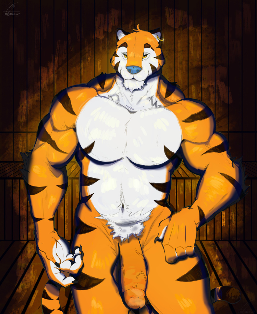 1boy anthro big_penis digibeawr felid feline frosted_flakes fur genitals hair hi_res kellogg's male male_only mammal mascot muscular muscular_anthro muscular_male nude orange_body orange_fur pantherine penis ring_piercing solo striped_body stripes tiger tony_the_tiger white_body white_fur yellow_eyes