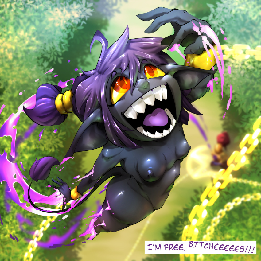 argosornstein black_skin breasts flying goblin goblin_female nude nude_female pointy_ears pointy_teeth purple_hair smile