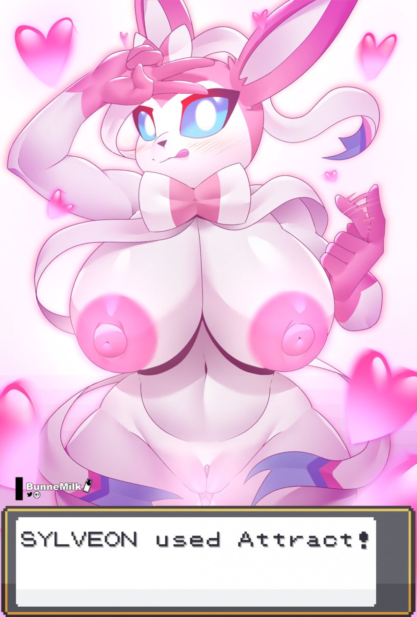 anthro areola big_breasts breasts bunnemilk butt_from_the_front eeveelution female female_only generation_6_pokemon genitals gesture hi_res huge_breasts licking licking_lips licking_own_lips nintendo nipples pink_body pokemon pokemon_(species) pussy solo sylveon thick_thighs tongue tongue_out v_sign