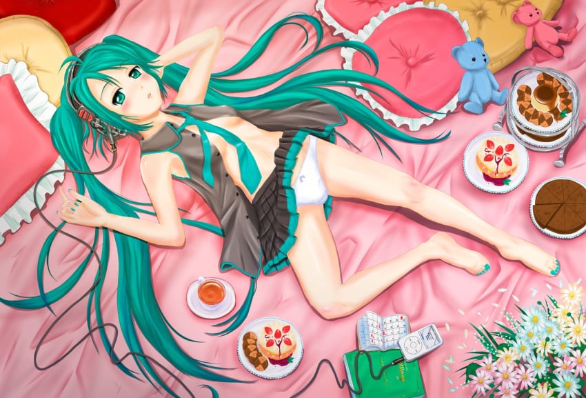 cake hatsune_miku headphones ipod no_bra open_clothes open_shirt panties shirt vocaloid