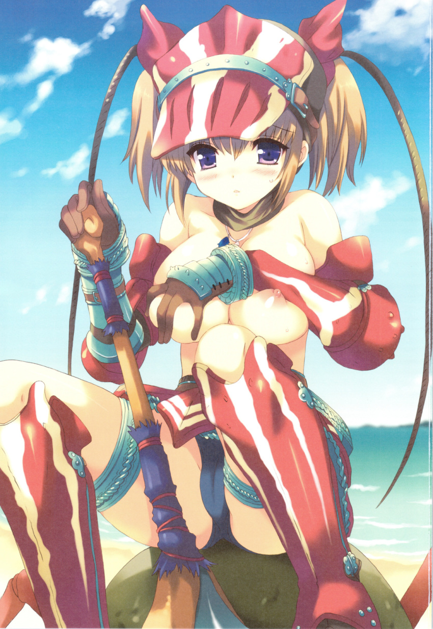 armor beach breast_hold breasts cameltoe monster_hunter nipples outside qp:flapper tagme topless weapon