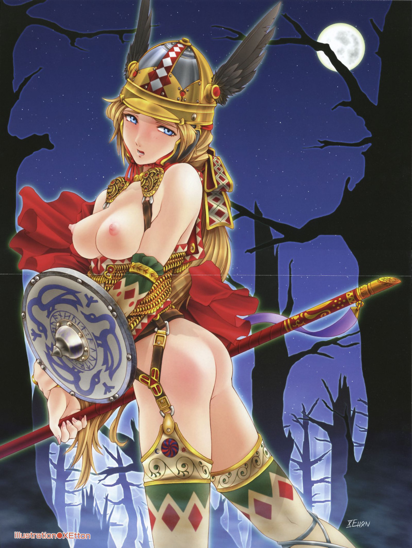 armed armor blonde_hair blue_eyes bottomless erect_nipples female_warrior helmet nopan runes shield spear warrior wings xetton