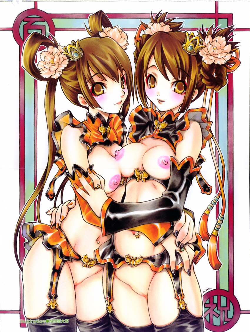 brown_eyes brown_hair flower nipples oppai sakuraniku_umatarou tagme twins