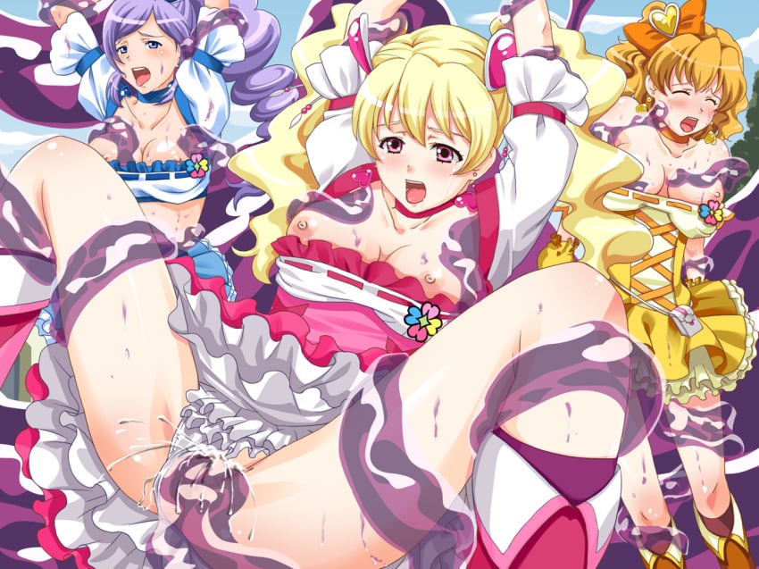 3girls aono_miki artist_request blonde_hair blush breast_slip breasts brown_eyes censored clothing crying cum cure_berry cure_peach cure_pine dress female fresh_precure! fresh_pretty_cure! futari_wa_pretty_cure goo long_hair magical_girl momozono_love multiple_girls open_mouth oppai panties panties_aside panty_pull penetration precure pretty_cure pussy rape restrained slime slime_monster small_breasts spread_legs tears tentacle tentacle_rape translucent_tentacles vaginal_penetration yamabuki_inori