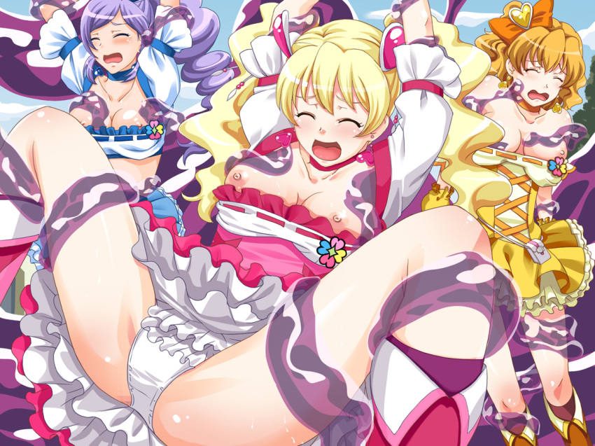 3girls aono_miki blonde_hair breasts censored closed_eyes clothing cure_berry cure_peach cure_pine female fresh_precure! fresh_pretty_cure! futari_wa_pretty_cure imminent_rape long_hair magical_girl momozono_love multiple_girls nipples open_mouth oppai panties panty_pull precure pretty_cure restrained shirt_pull skirt skirt_lift slime_monster spread_legs tears tentacle tentacle_rape translucent_tentacles yamabuki_inori