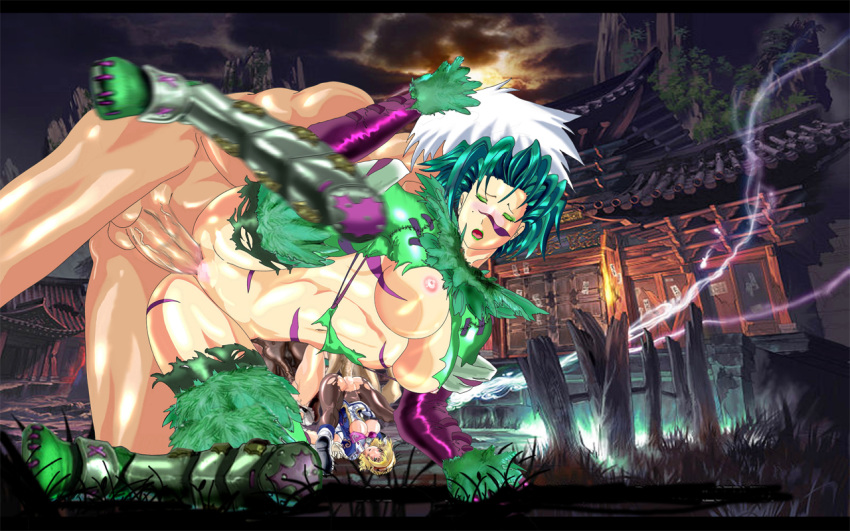 2girls cassandra censored female green_hair human male penis ruins sex soul_calibur straight tira vagina